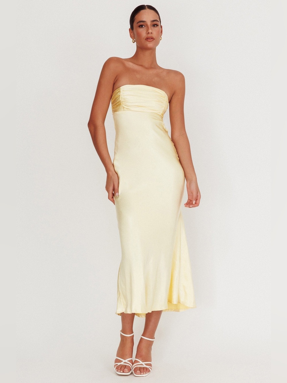 $115 NWT Selfie Leslie Moon Song Strapless Laced Back Dress Butter Yellow M - Picture 5 of 9